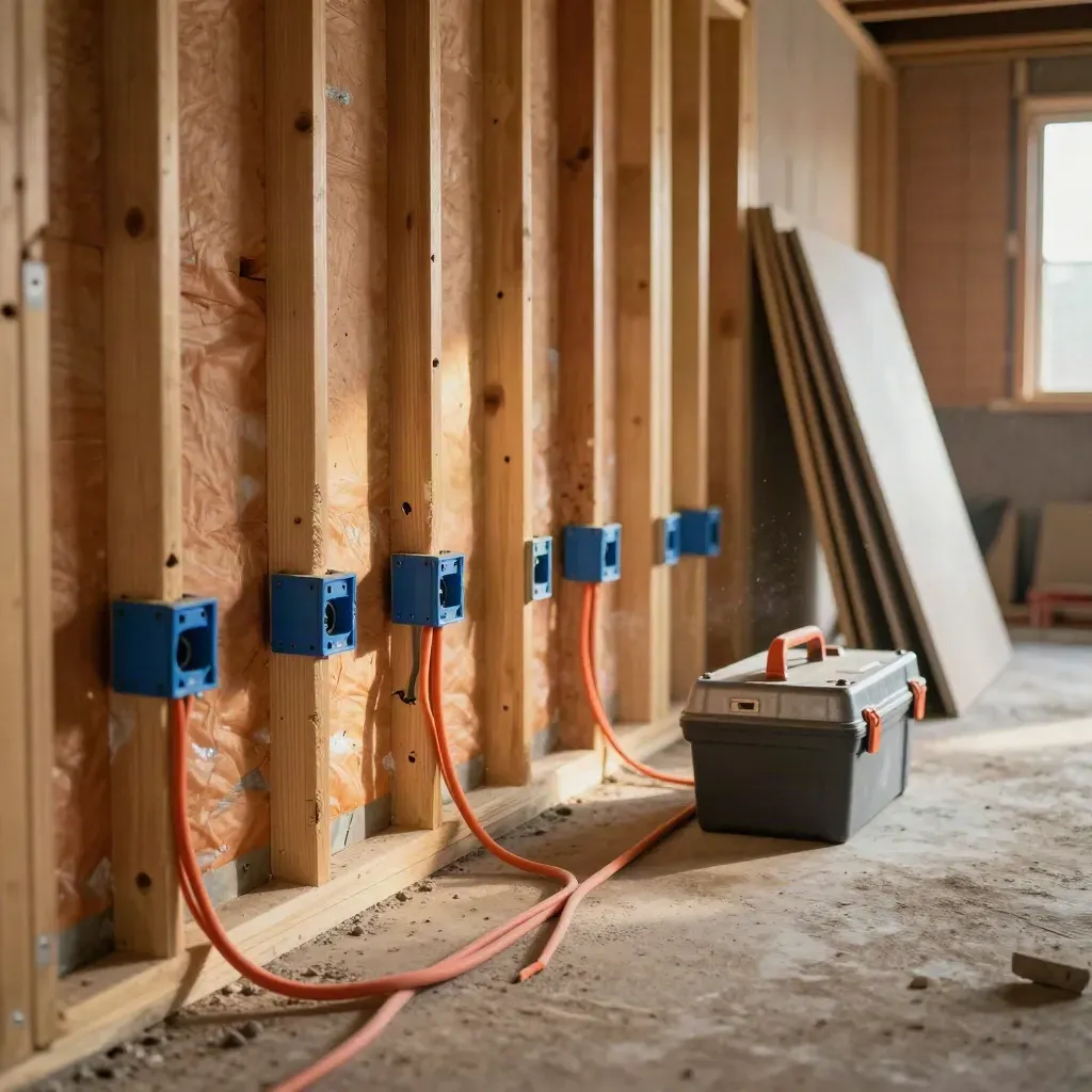 Basement wiring with orange cable, blue boxes, drywall stacks and a toolbox in warm daylight.