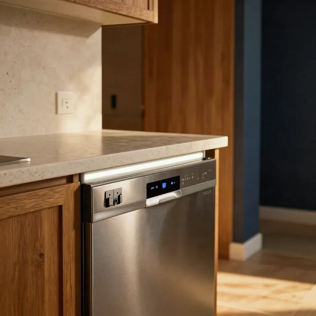 Kitchen counter beside a reset breaker panel, glowing strip light, and appliance indicators