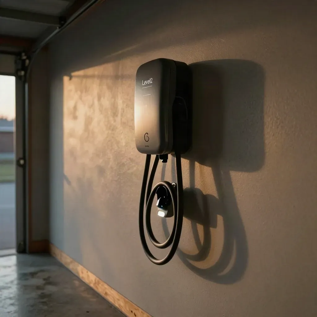 EV charger glowing in a Mississauga garage beside clipped conduit and a tidy cable loop.