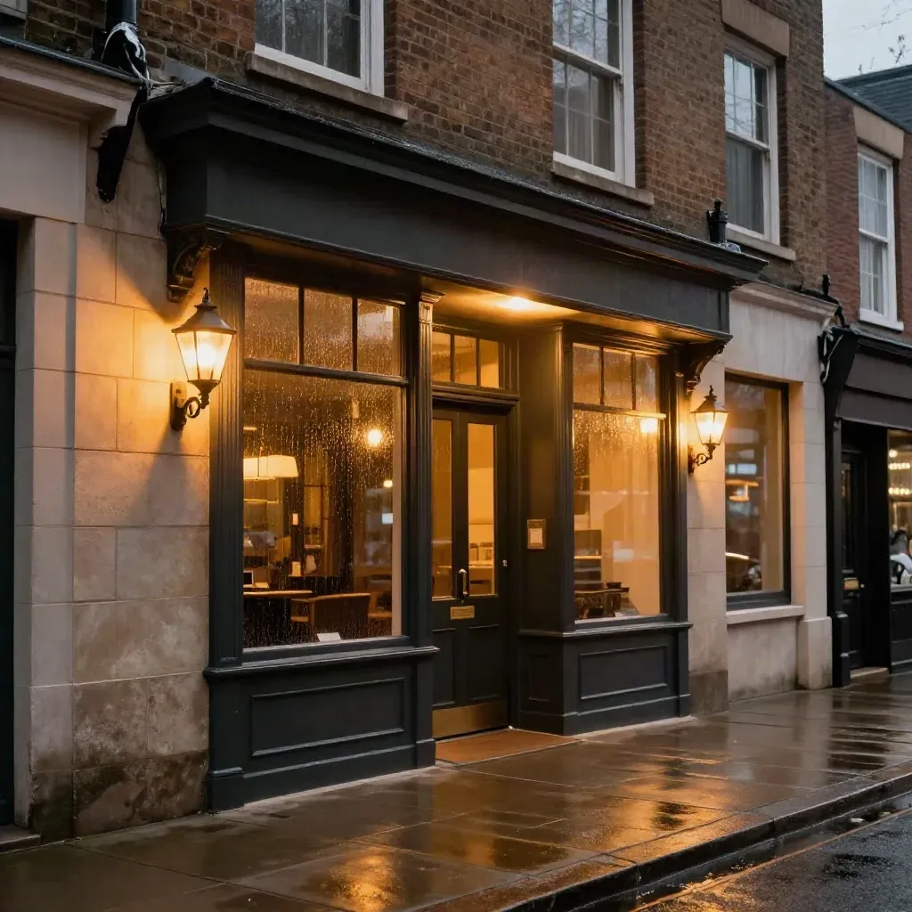 Lit Queen Street storefront facade at night with rain sheen and glowing exterior lights.