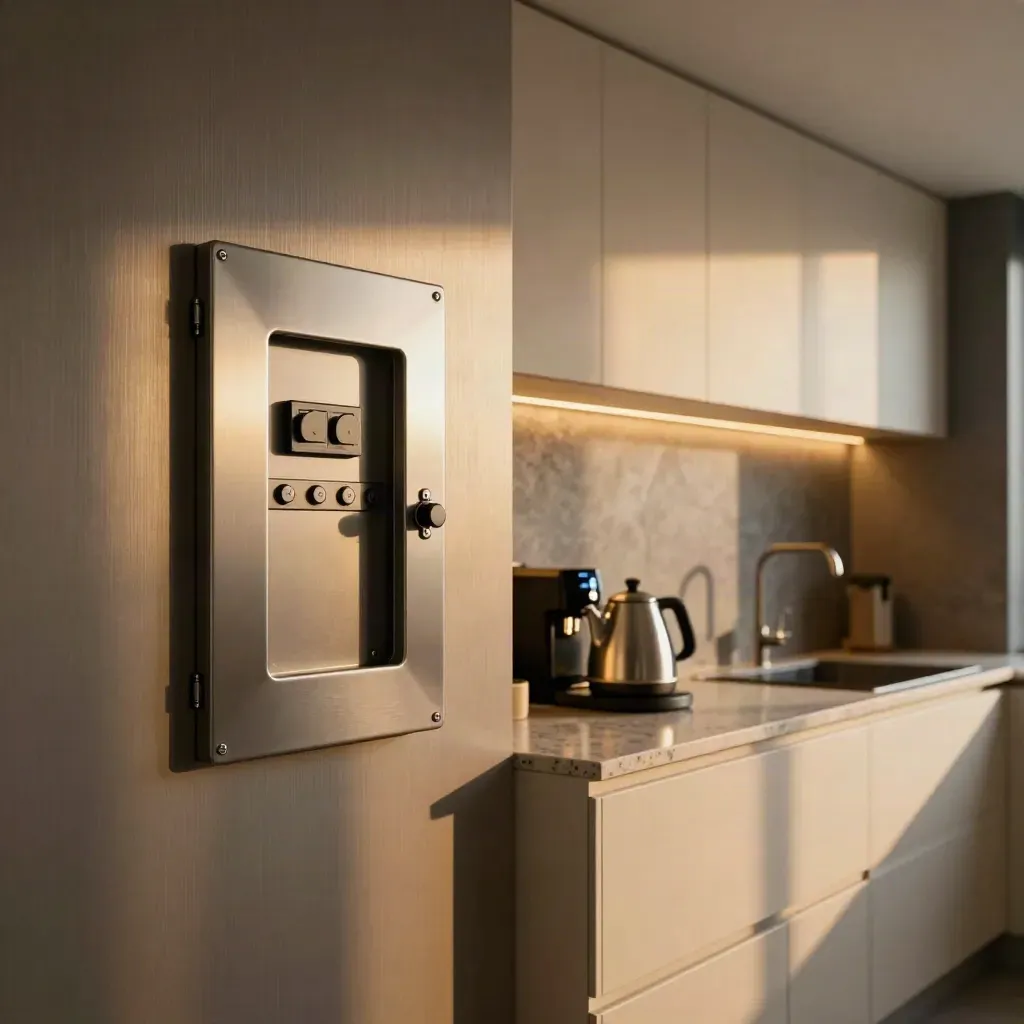 Restored kitchen with breaker panel, glowing appliances, and under-cabinet lighting.