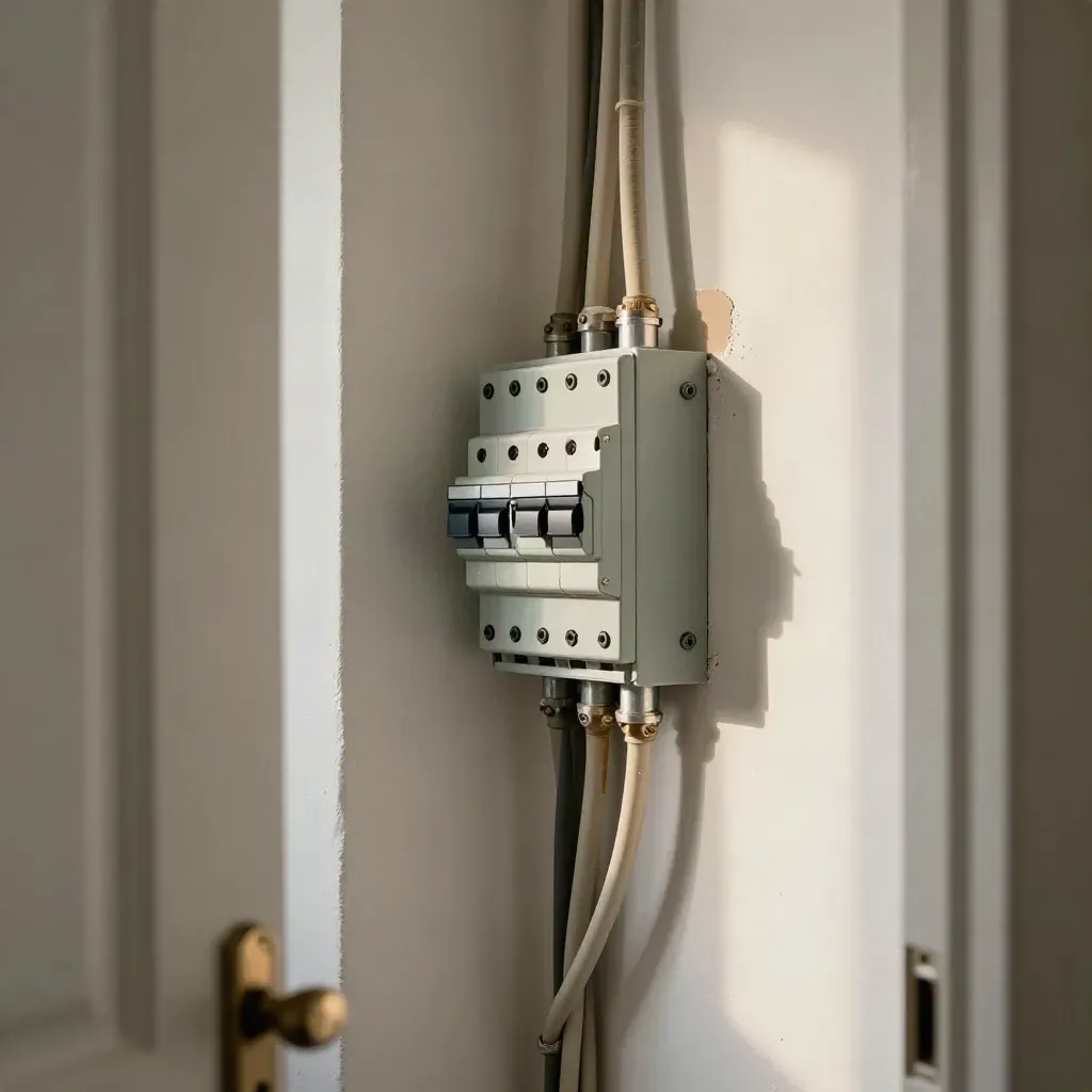 Clean utility closet with a new breaker panel, neat conduit, and fresh drywall patching.