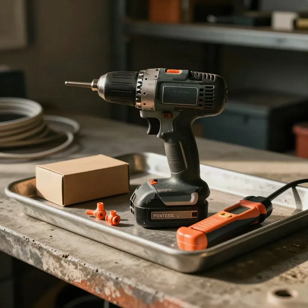 Impact driver, wire nuts, and tester on a galvanized tray in a dim workshop