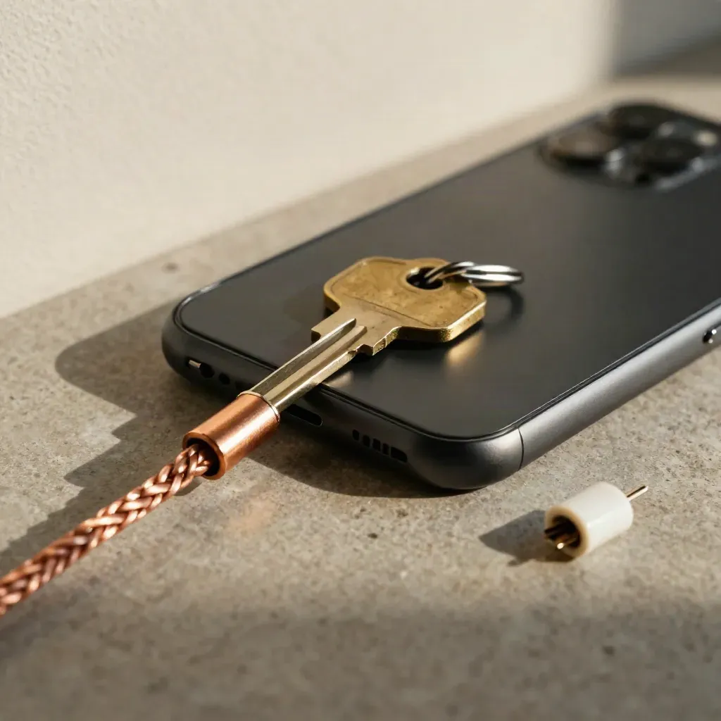 Matte-black phone, brass keys, and a copper cable stub on a stone ledge.