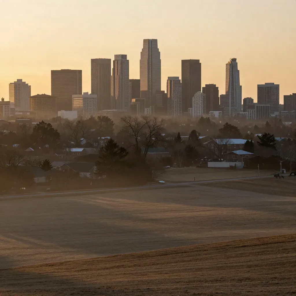 Mississauga skyline at golden hour above soft suburban rooftops and haze