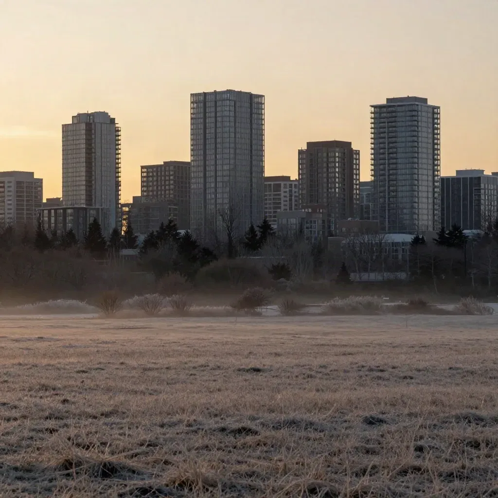 York Region skyline beyond winter trees and open meadow at dusk